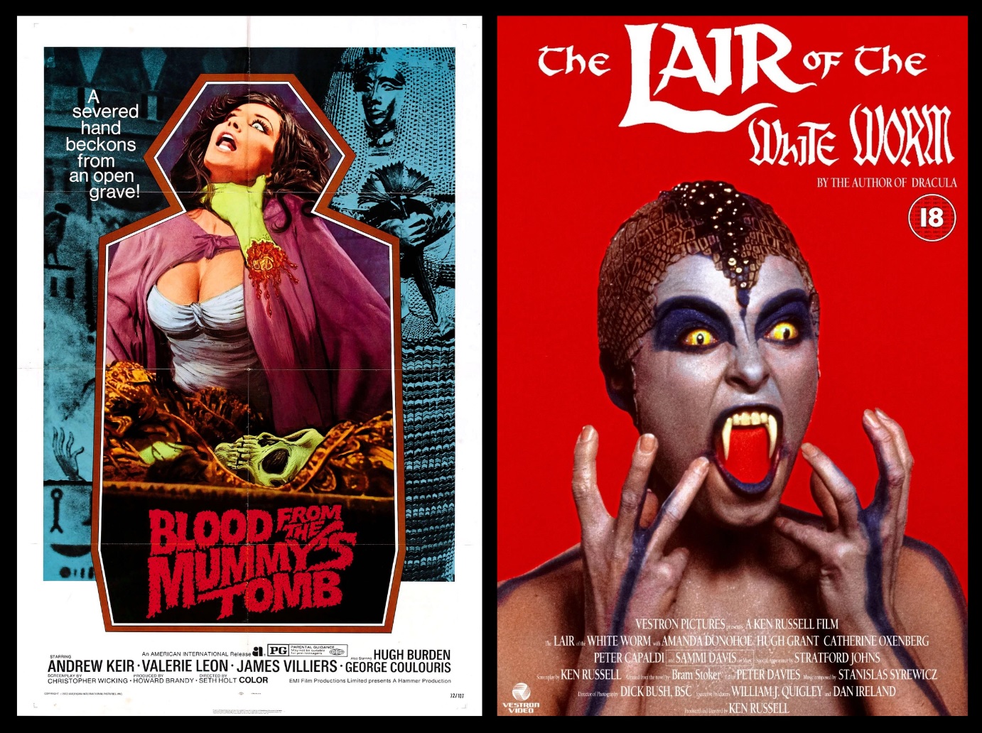 Poster de Blood From the Mummy's Tomb, muito estilizado, com uma espécia de recorte colado com uma cena da protagonista sendo estrangulada por uma mão decepada. Também há o poster de The Lair of the White Worm, com a vilã Lady Sylvia em seu formato reptiliano, com longas presas, olhos amarelos e uma expressão aterrorizadora em um fundo vermelho vivo que oferece um alto contraste.