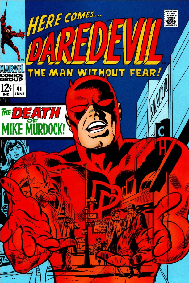Capa da edição nº 41 de Demolidor, com o herói em primeiro plano, olhando para suas mãos. Seu corpo vermelho está translúcido e é possível ver a rua e as pessoas na calçada caminhando através dele. Há um letreiro escrito “A Morte de Mike Murdock”.