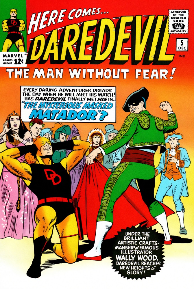  Capa da edição nº 5 de Demolidor, com o Demolidor agachado com as mãos nos ouvidos enquanto o vilão “Matador” está de pé com sua roupa de toureiro e o texto destacado “Under the brilliant artistic craftsmanship of famous illustrator Wally Wood, Daredevil reaches new heights of glory!”