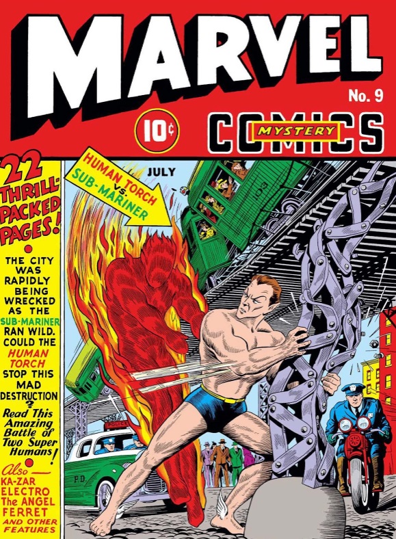 Capa de Marvel Mystery Comics n. 9. Nela temos a ilustração do Tocha Humana Original combatendo o Namor. O Namor está quebrando uma viga de sustentação de um trem/metro enquanto o Tocha Humana está voando em sua direção. Ao fundo, policias estão chegando próximos a eles.