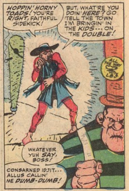 Quadro de Not Brand Echh nº1 mostrando dois personagens. O que está em primeiro plano usa um longo chapéu que tem um broche amarelo escrito “All the Way - LBJ” e com uma pequena ilustração do que parece ser uma explosão atômica.