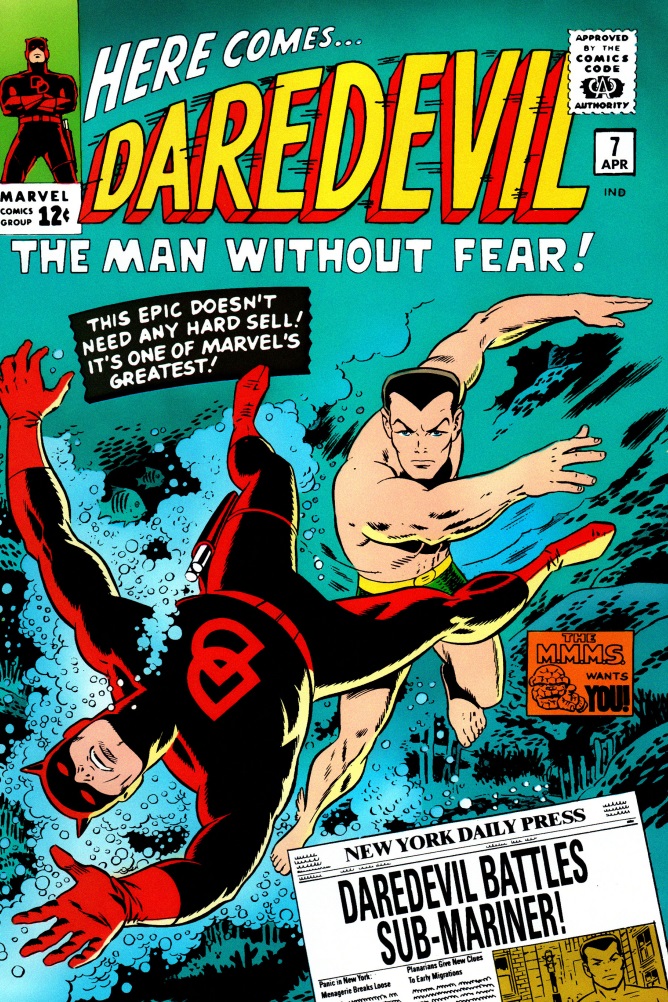 Capa da edição nº 7 de Demolidor com o herói lutando com Namor embaixo d'água. O enquadramento dá um grande destaque ao novo visual do Demolidor, com seu uniforme vermelho com fortes sombreamentos em preto