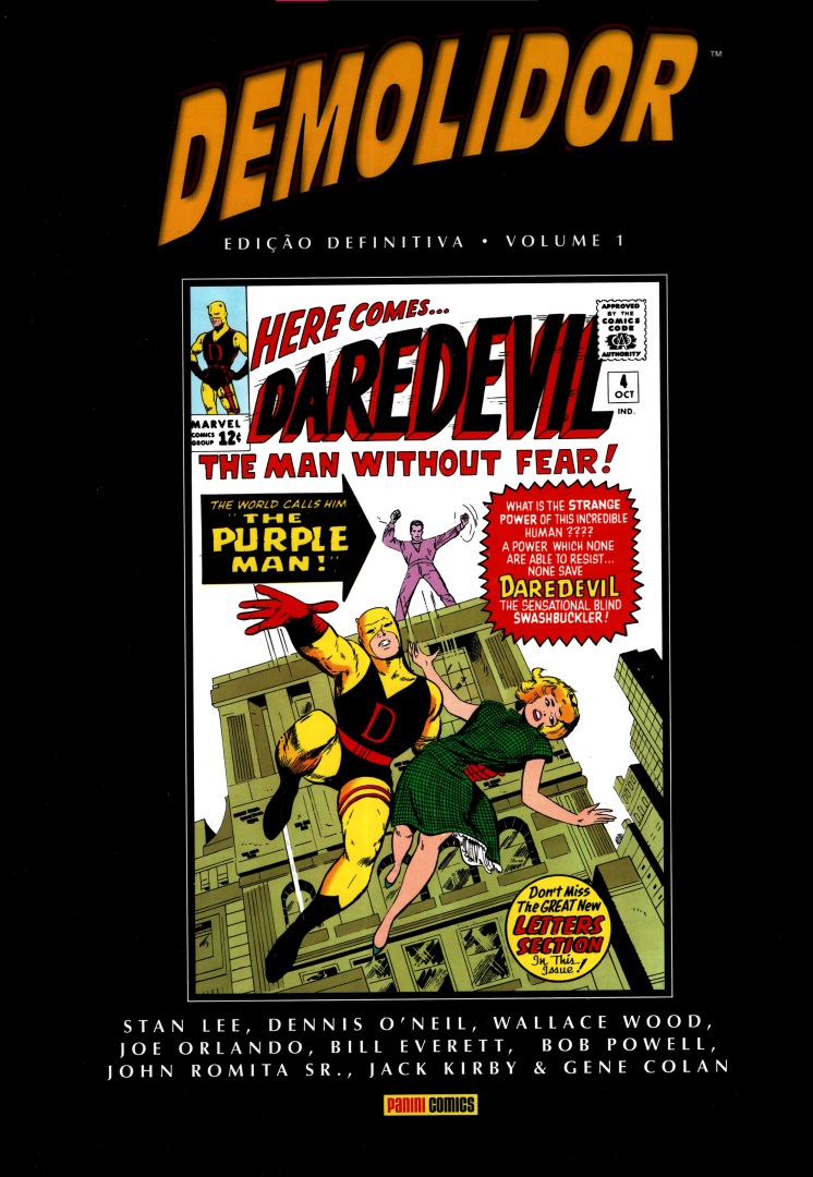 Capa do quadrinho Demolidor - Edição Definitiva - Volume 1, destacando a capa de Demolidor nº 4 com arte de Jack Kirby, com demolidor em seu uniforme amarelo, pulando de um prédio e segurando Karen Page enquanto ao fundo, no topo do prédio está o vilão Homem-Púrpura.