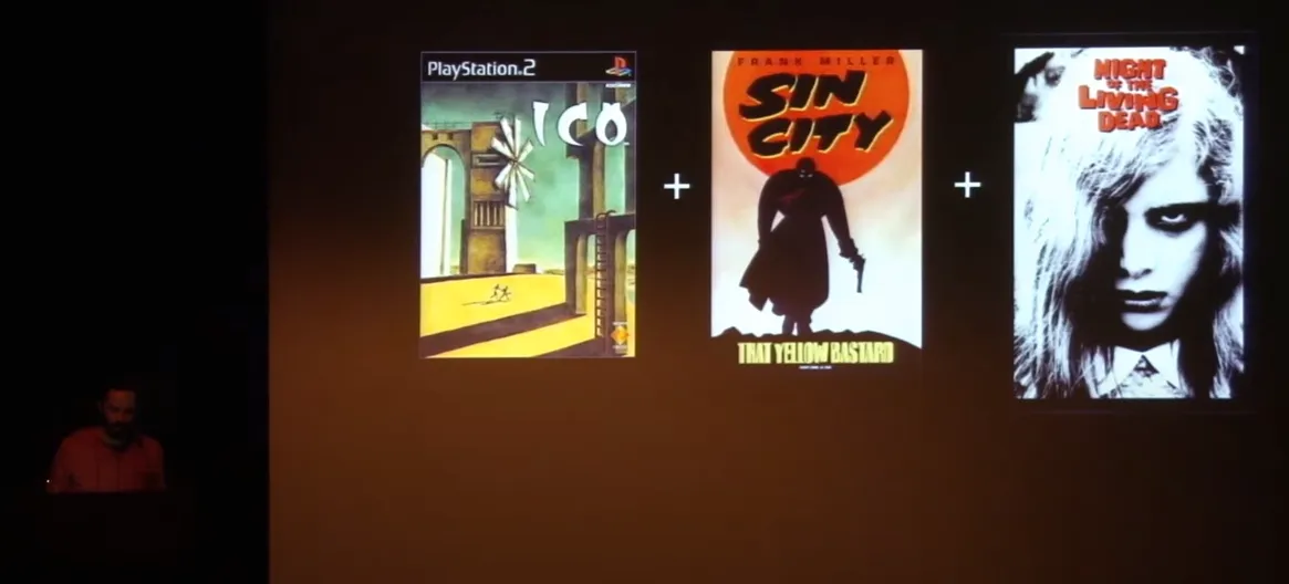 Apresentação do diretor Neil Druckmann no International Game Developers Association de Toronto em 2013 em que ele está em um auditório apresentando uma tela com suas três principais influências para a concepção de The Last Of Us, sendo elas o jogo de Playstation 2 ICO, a história em quadrinhos Sin City e o filme A Noite dos Mortos Vivos.