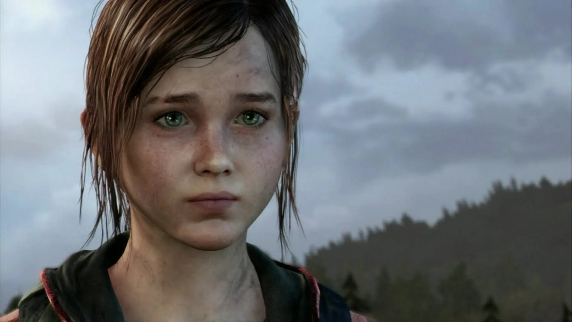 Ellie olhando para Joel na cena final do jogo.