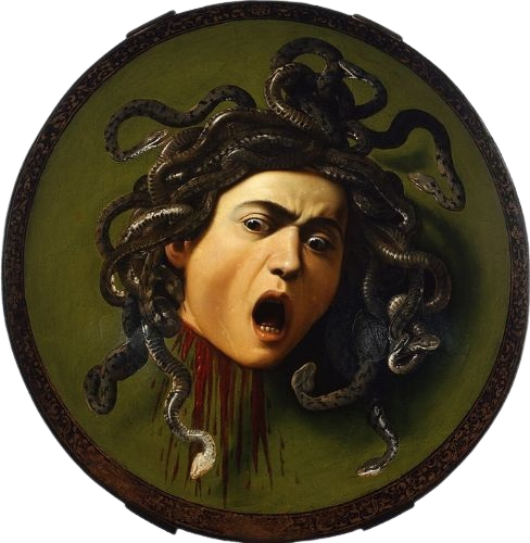 Pintura à óleo de Caravaggio, pintada sobre uma plataforma convexa de madeira. Ela retrata a cabeça de Medusa decaptada, ela está com uma expressãro de horror e sangue cai de seu pescoço.