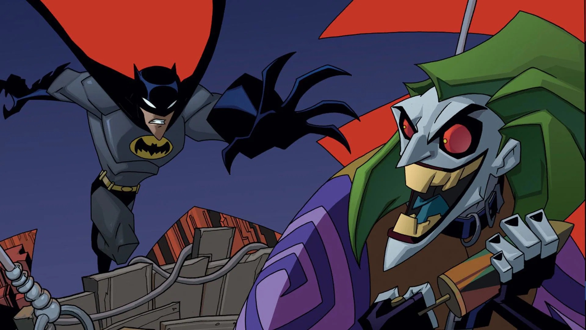 Imagem de divulgação da série animada The Batman, com traços mais cartunescos e cores mais vívidas. O Batman está em segundo plano pulando, com a mão para a frente e a capa aberta em direção ao risonho Coringa, em primeiro plano, com dentes amarelos, olhos vermelhos e cabelo verde. Ele segura um explosivo nas mãos.