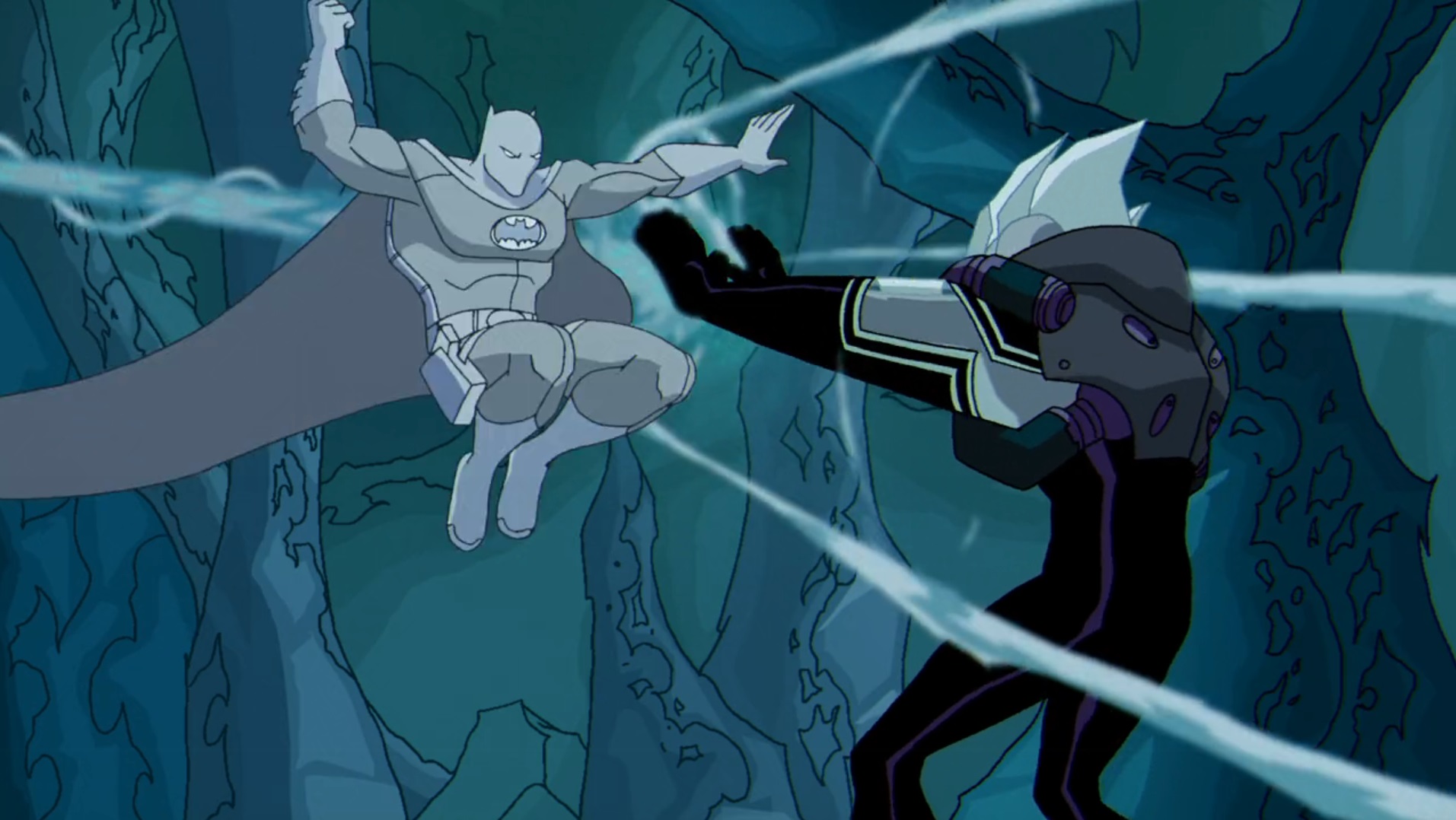 Cena do desenho The Batman com Batman lutando com o Sr. Frio. Batman está com um uniforme modificado completamente branco e desvia de um ataque de gelo do atlético Sr. Frio.